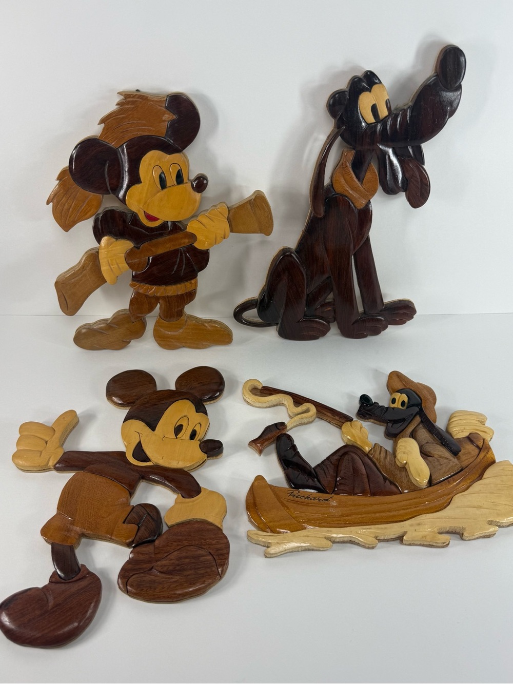 Disney Mickey Mouse Pluto Goofy Intarsia Wood Carved Wall Art LOT Signed Richard